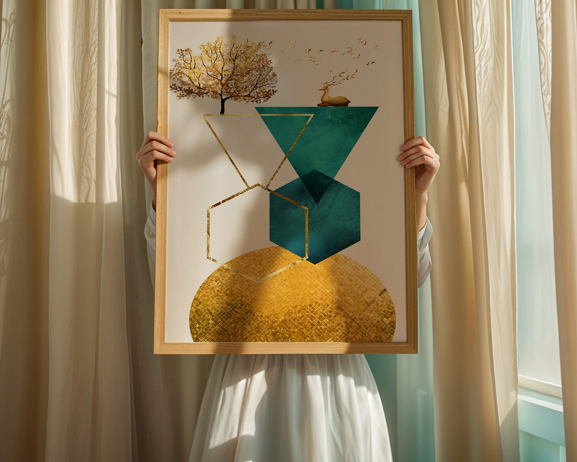 Abstract Geometric Composition with Golden Deer and Tree
