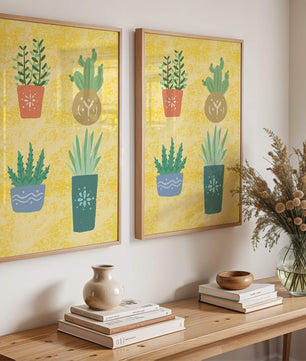 Illustrated potted plants on textured yellow background
