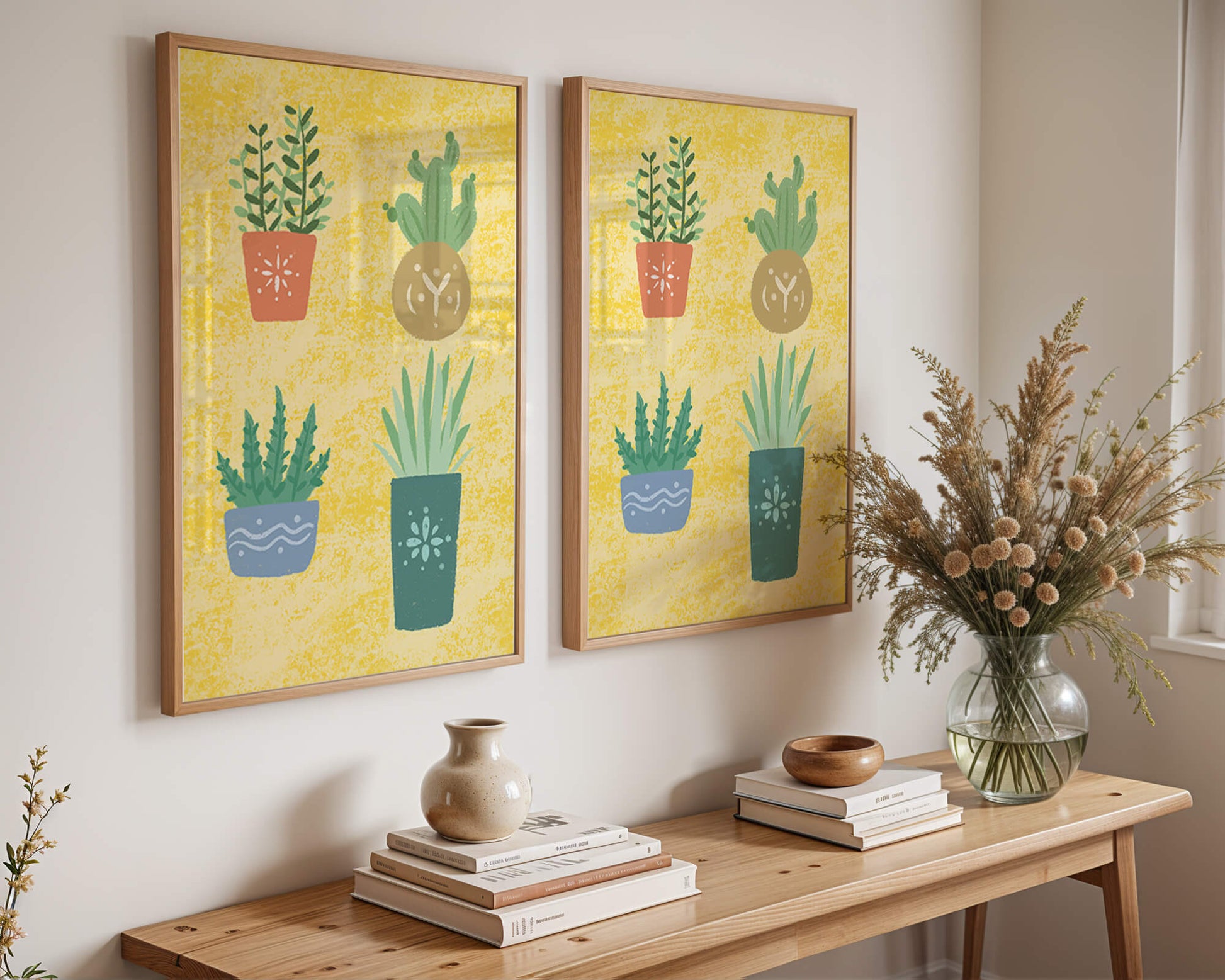 Illustrated potted plants on textured yellow background