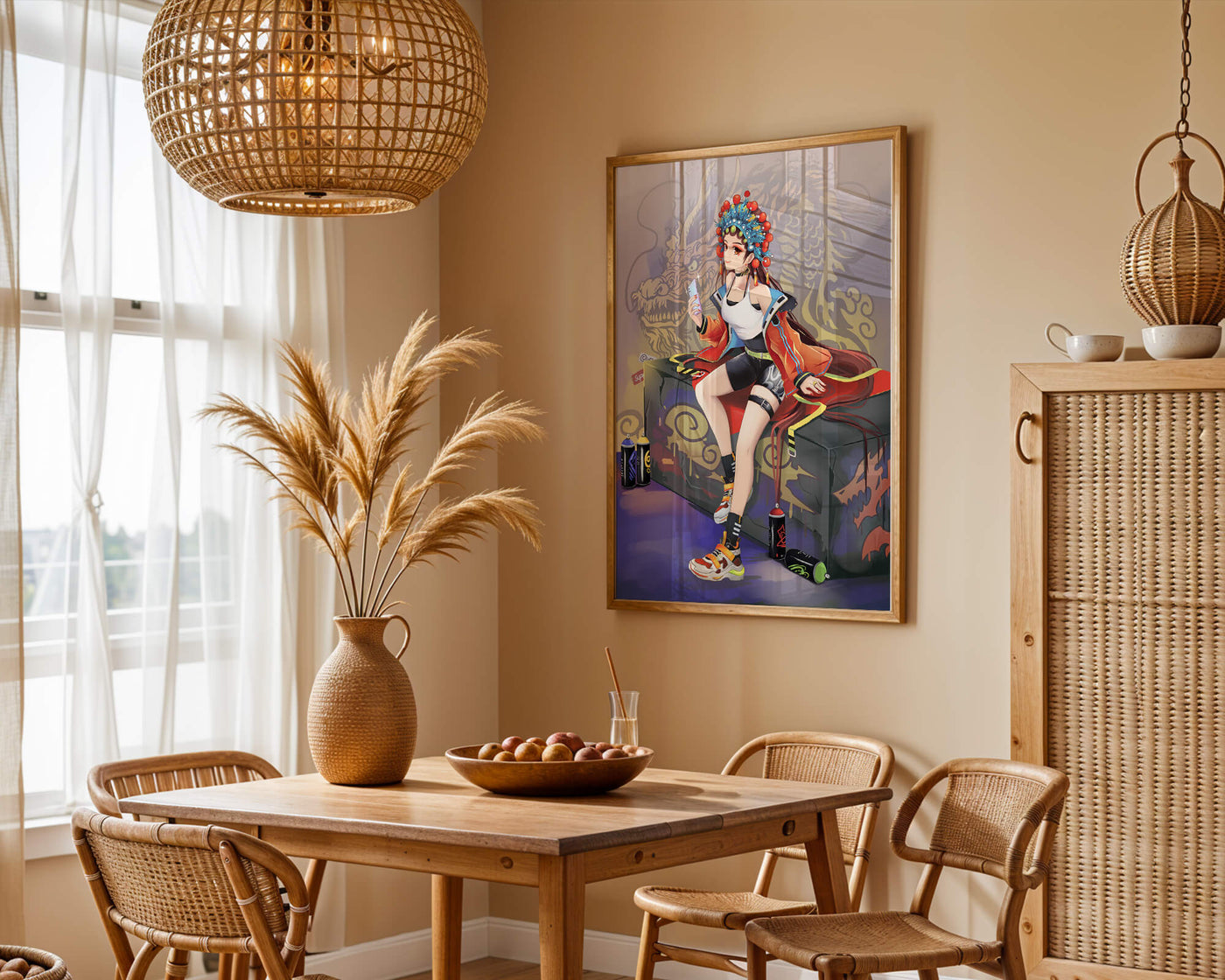 Anime art of a girl in traditional attire with urban elements