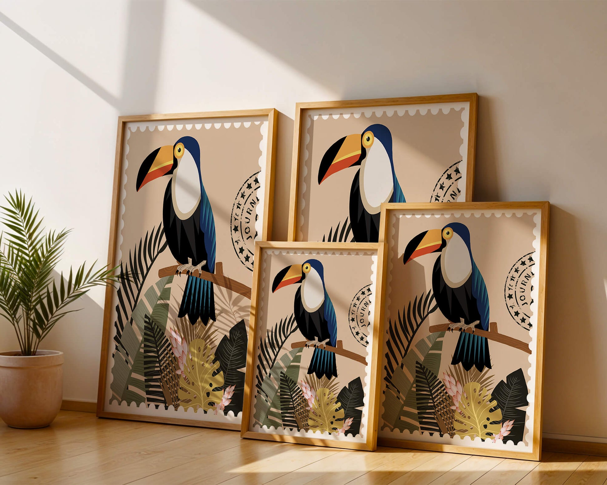 Colorful Toucan Surrounded by Tropical Leaves with Travel Stamp