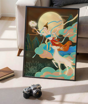 Ilustración serena de una mujer mística con ciervos en un paisaje iluminado por la luna