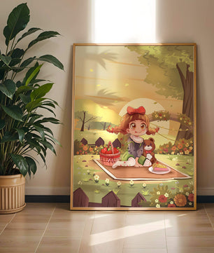 Whimsical picnic scene with a young girl and teddy bear under sunset in vibrant meadow