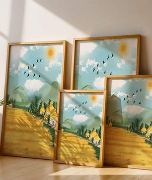 Sunny Countryside With Birds And Golden Fields