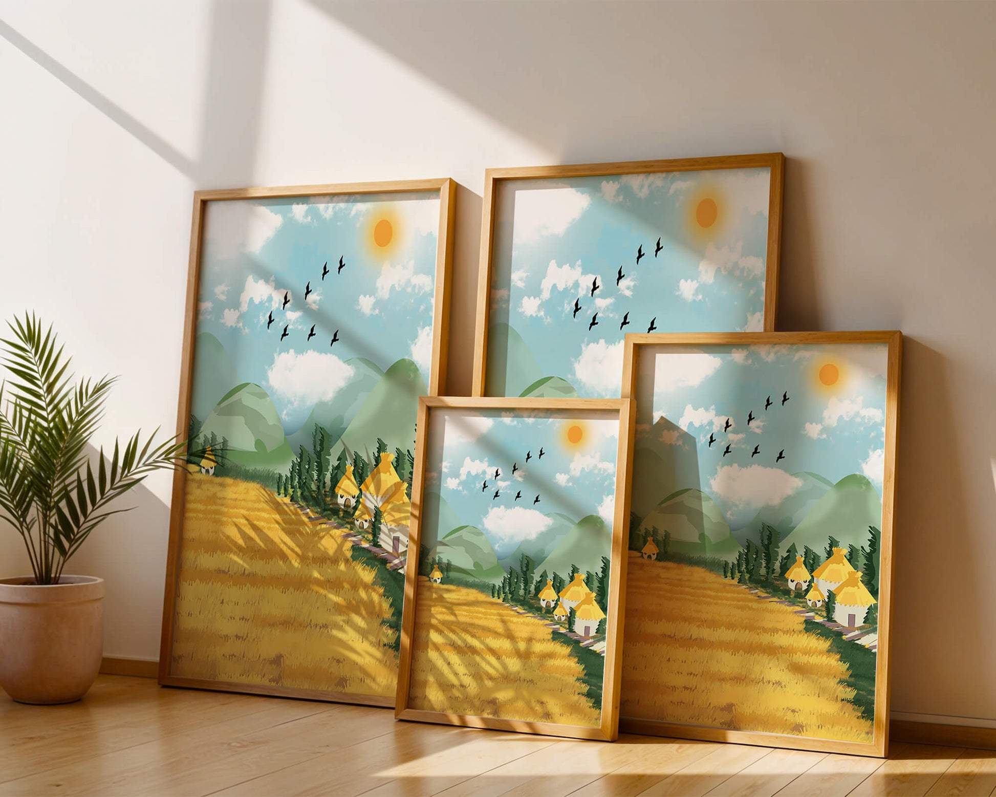 Sunny Countryside With Birds And Golden Fields
