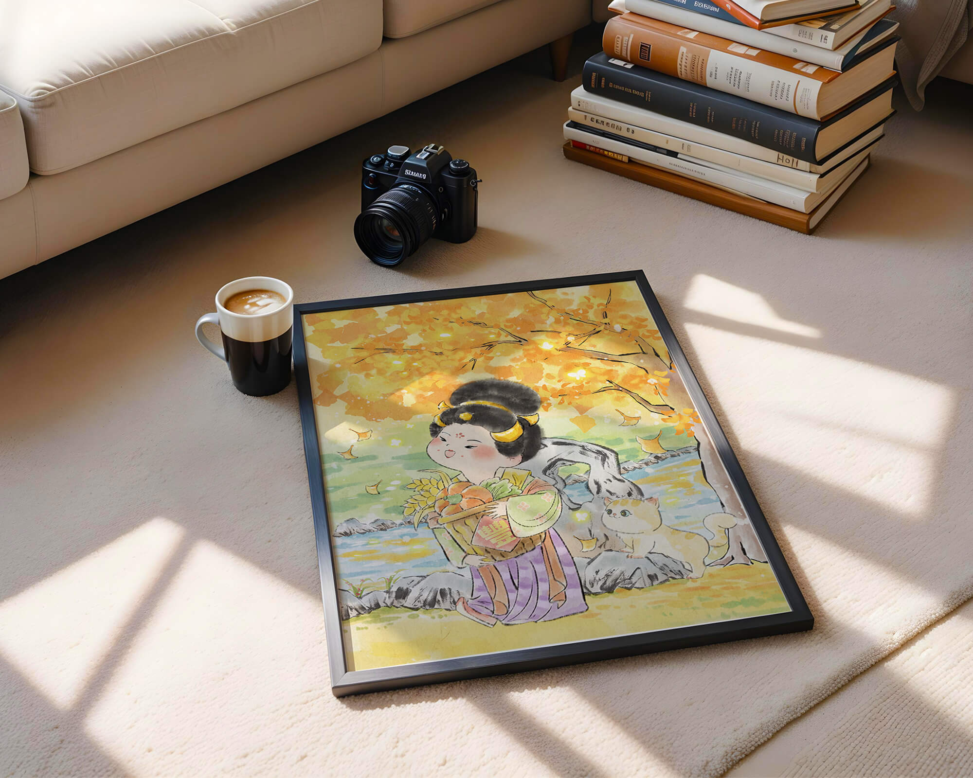 Charming watercolor scene of girl with basket in autumn setting