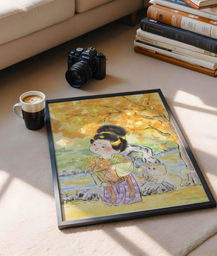 Charmante Aquarellszene eines Mädchens mit Korb in herbstlicher Umgebung