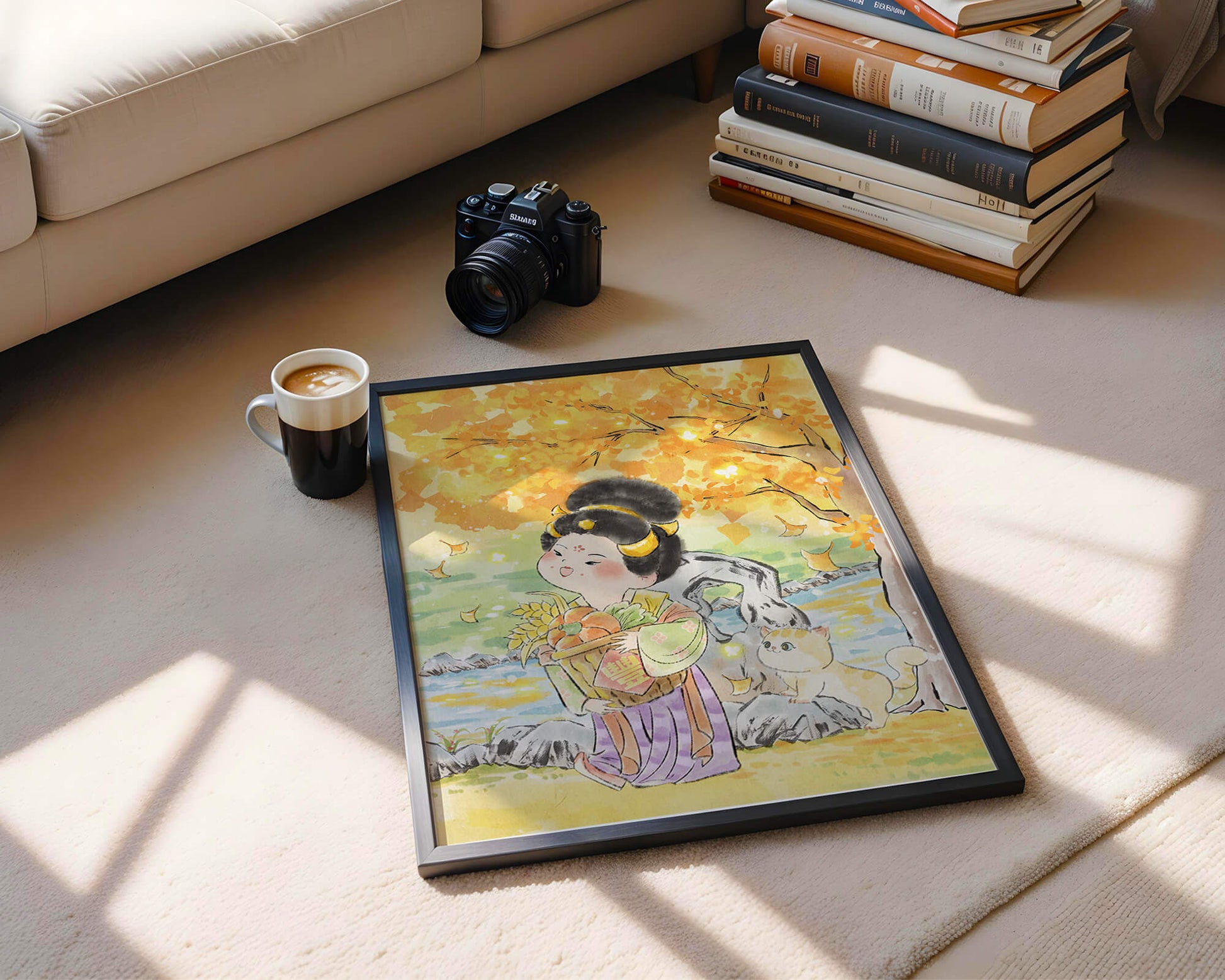 Charming watercolor scene of girl with basket in autumn setting
