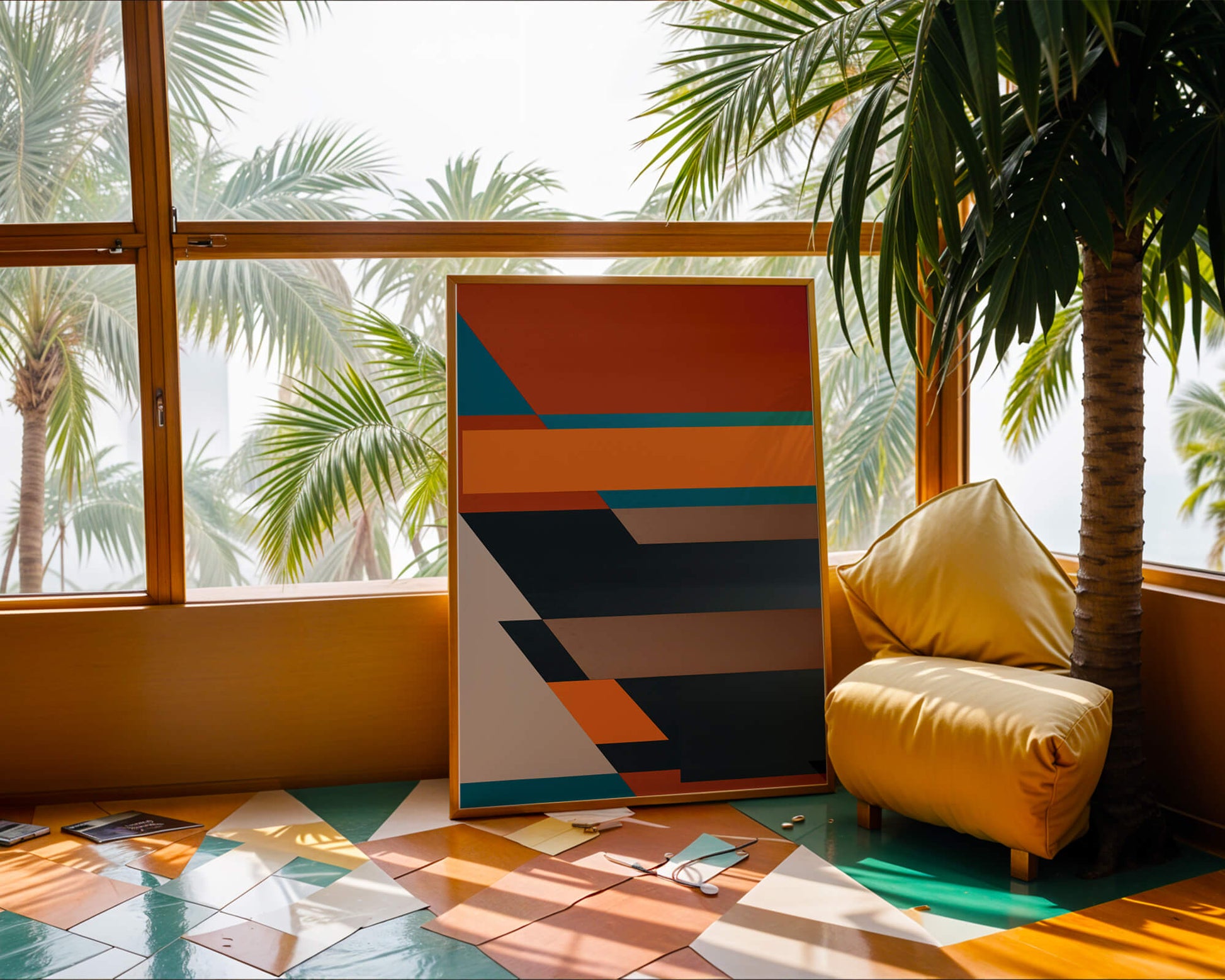 Arte abstracto geométrico con colores llamativos y formas dinámicas