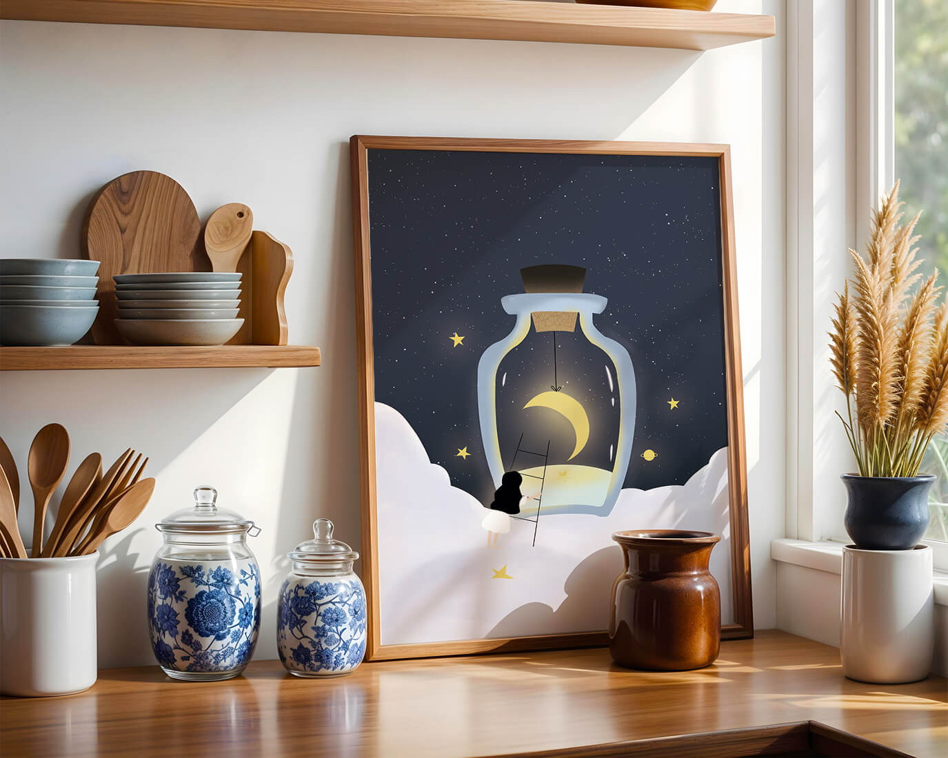 Fantasy Scene with Girl and Moon in a Bottle