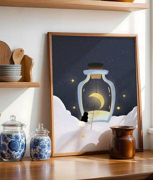 Fantasy Scene with Girl and Moon in a Bottle