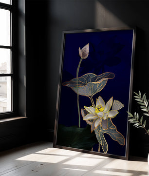 Elegant Lotus Flower with Gold Accents on Deep Blue Background
