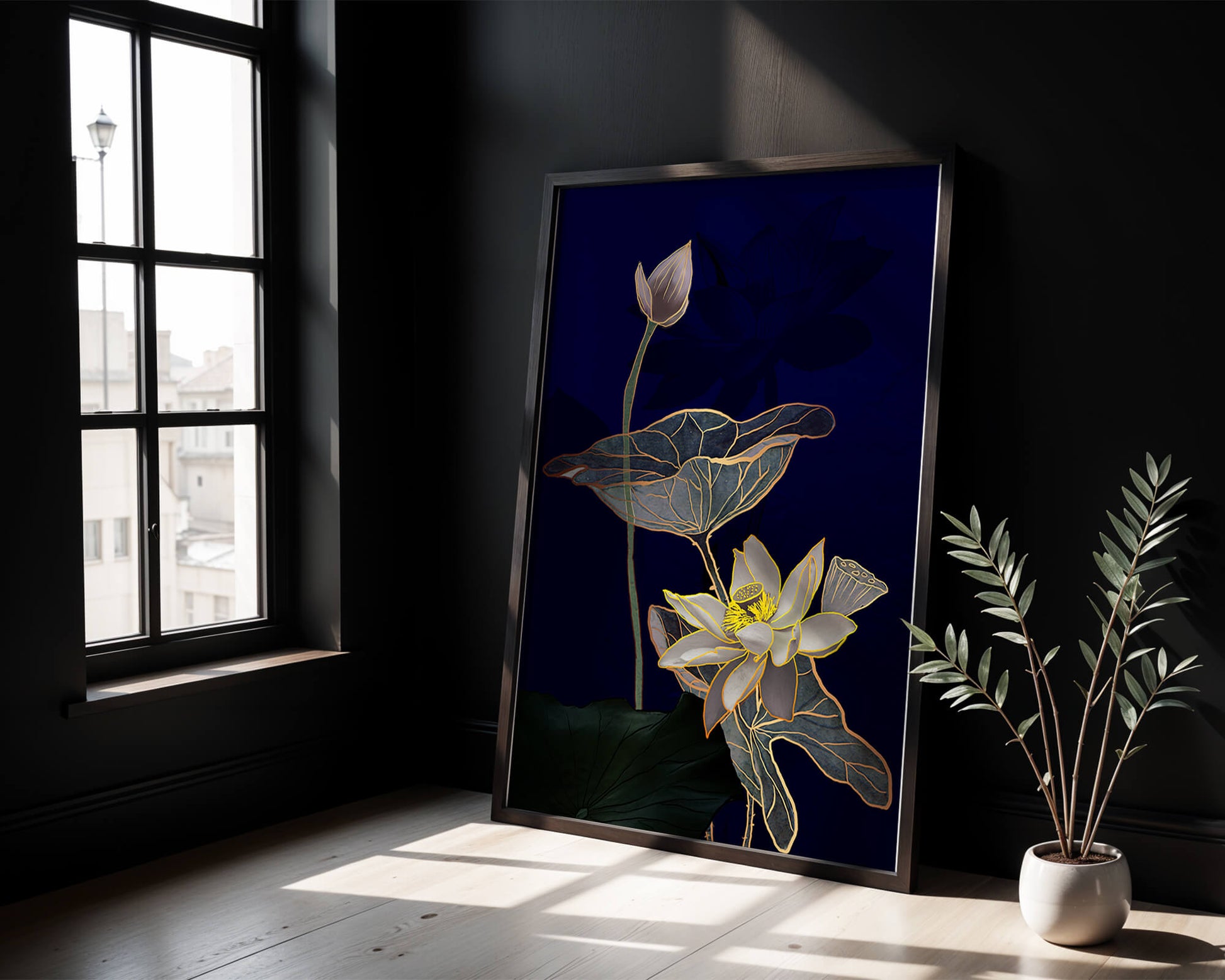 Elegant Lotus Flower with Gold Accents on Deep Blue Background