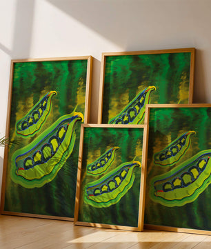 Ilustración abstracta de guisantes verdes coloridos con fondo vibrante