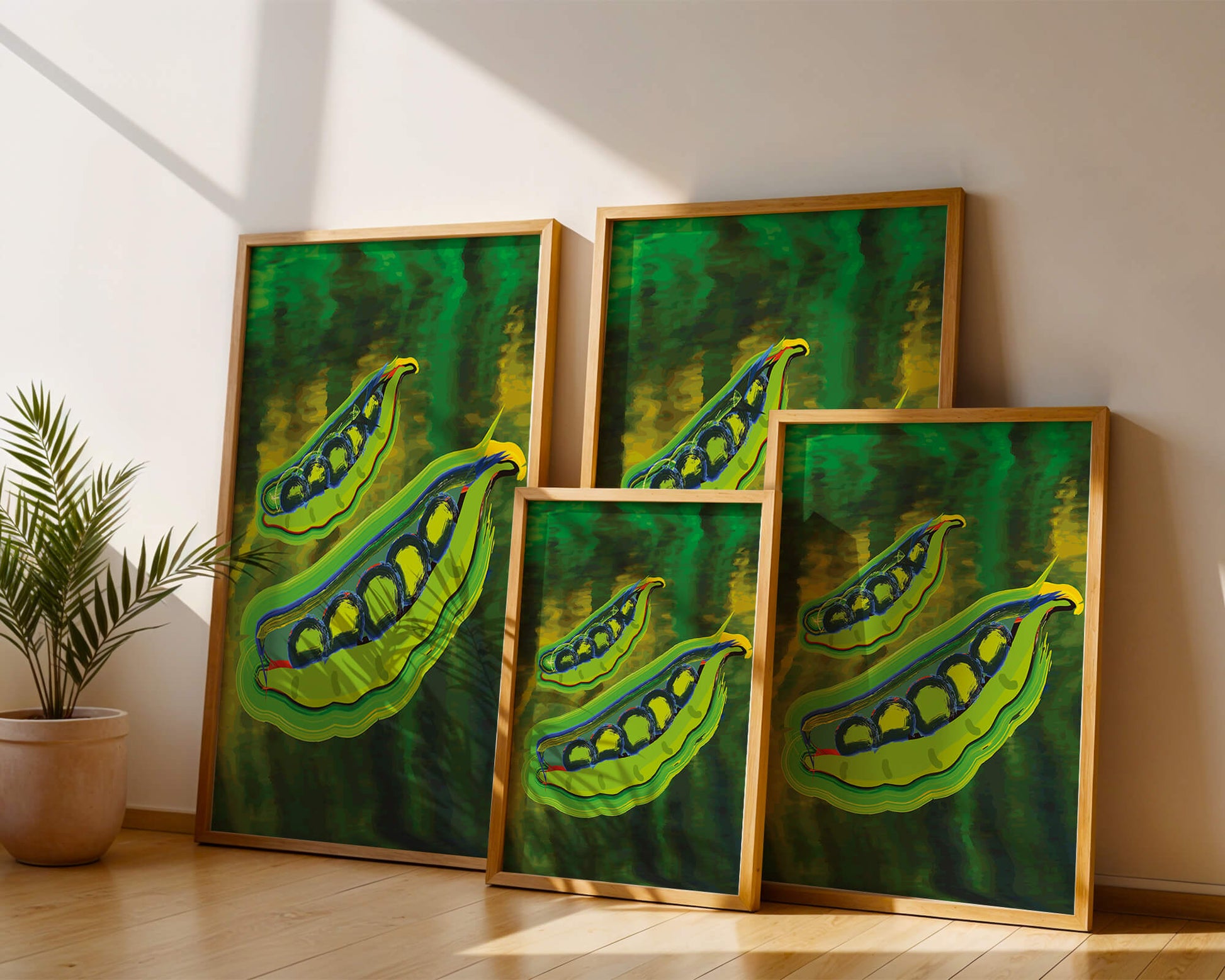 Ilustración abstracta de guisantes verdes coloridos con fondo vibrante