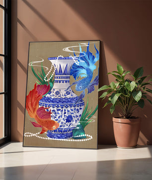 Jarrón de cerámica elegante con diseño de peces vibrantes y flores