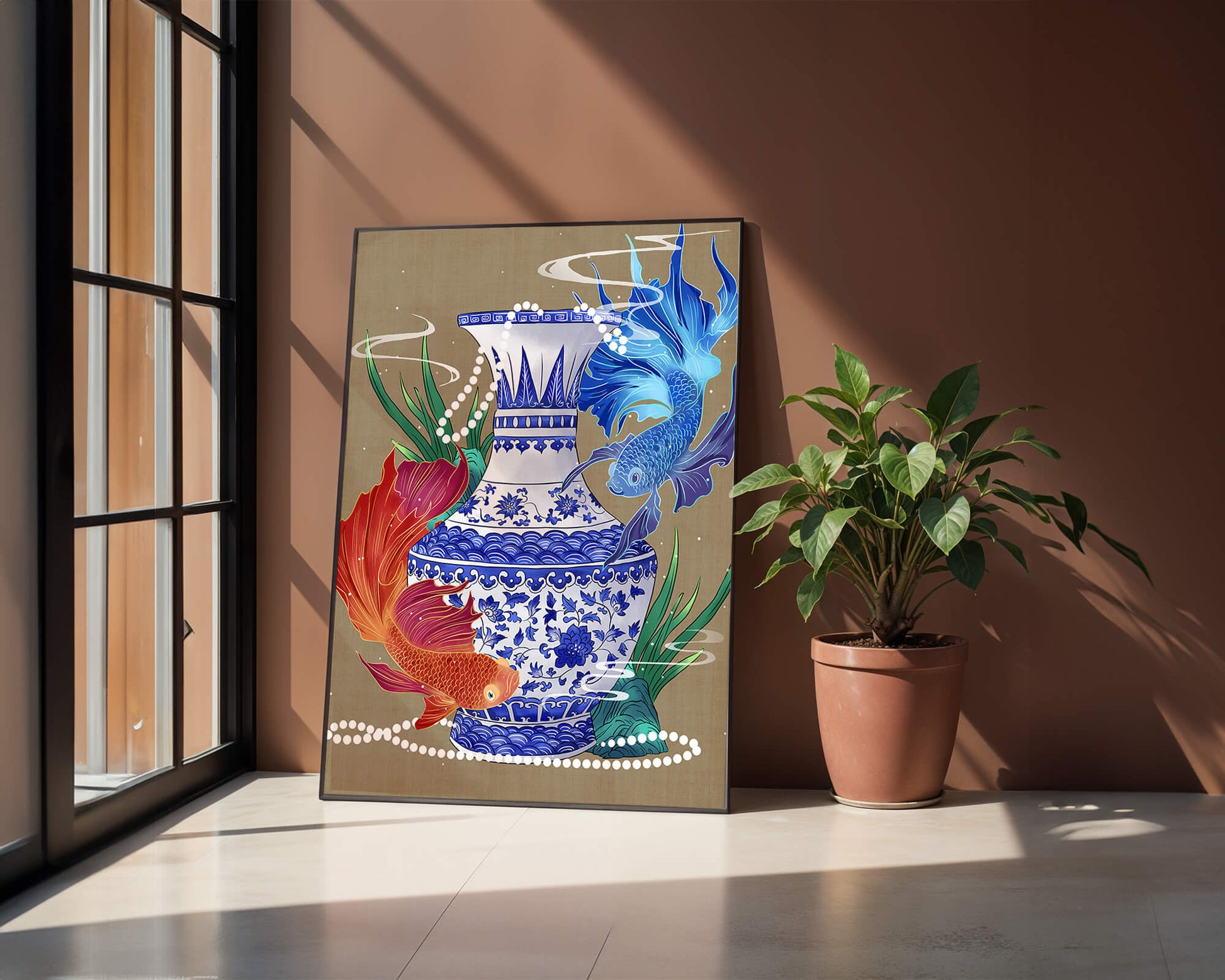 Elegant ceramic vase with vibrant fish and floral design