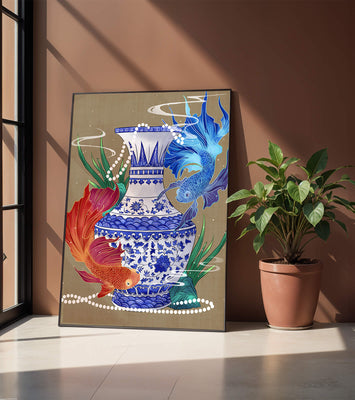 Elegant ceramic vase with vibrant fish and floral design