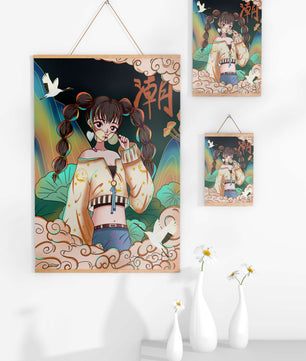 Anime girl with glasses surrounded by nature and cranes