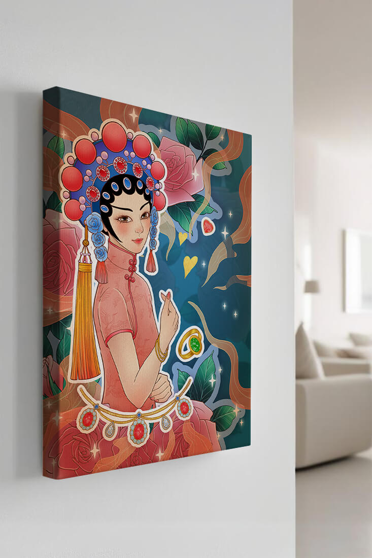 Traditional Asian-inspired illustration with jewelry and floral accents