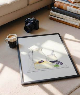 Illustration of dairy products with blueberries on polka dot cloth