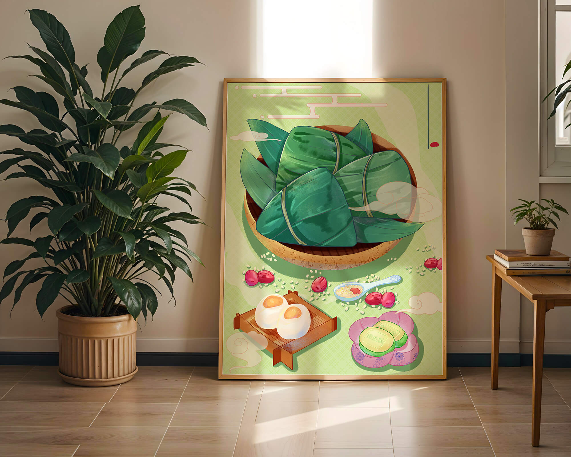 Traditional Asian food illustration with rice dumplings and mooncakes on a green background