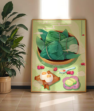 Traditional Asian food illustration with rice dumplings and mooncakes on a green background