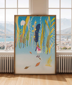Ilustración caprichosa de una niña en un bosque abstracto vibrante