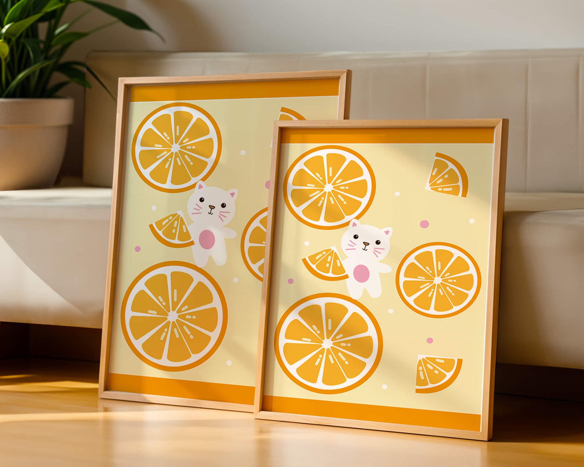 Illustration of a playful cat with orange slices on a colorful background