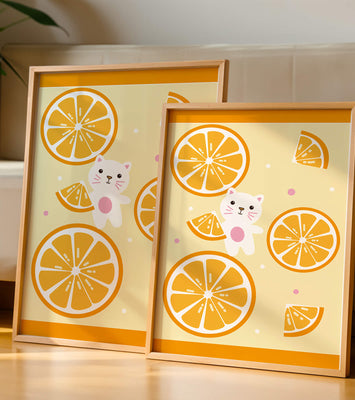Illustration of a playful cat with orange slices on a colorful background