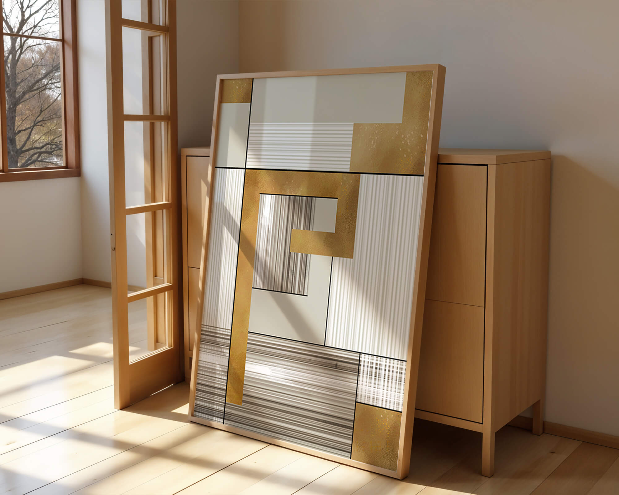 Abstract geometric pattern with gold and neutral tones