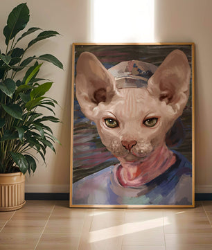 Painted portrait of a sphynx cat wearing a casual cap