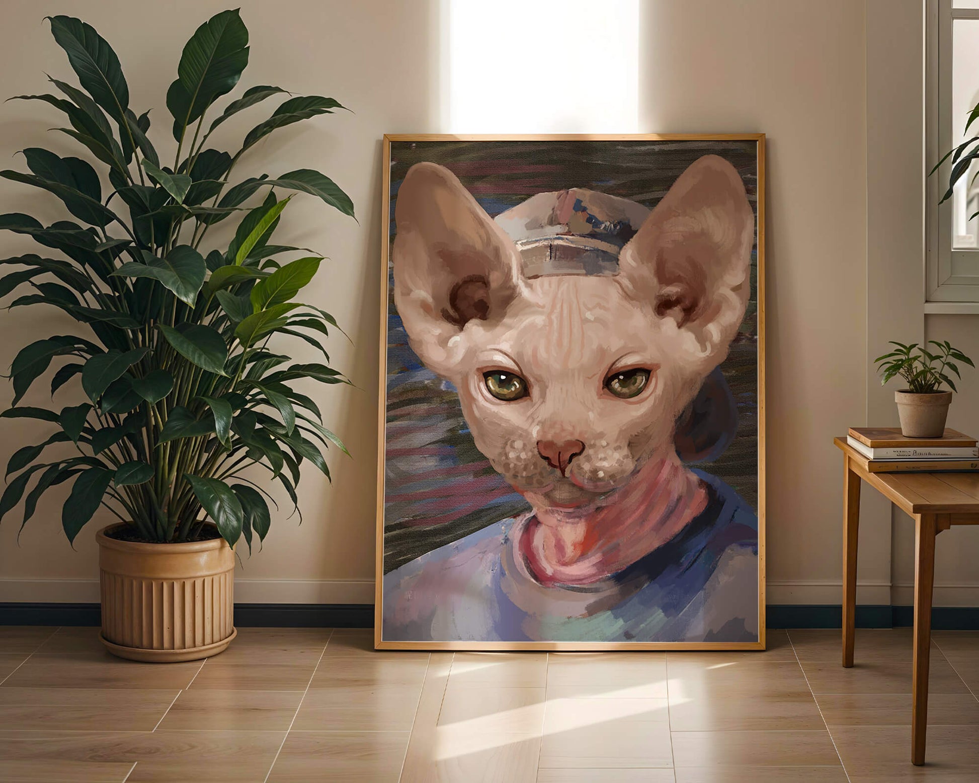 Painted portrait of a sphynx cat wearing a casual cap