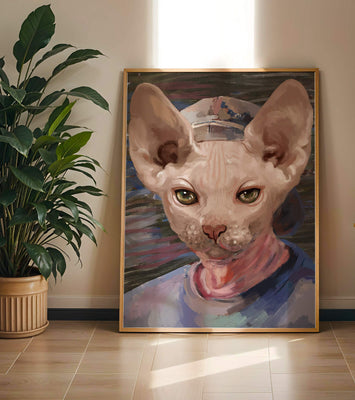 Painted portrait of a sphynx cat wearing a casual cap