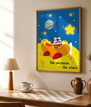 Colorful cartoon airplane with stars and planets in space