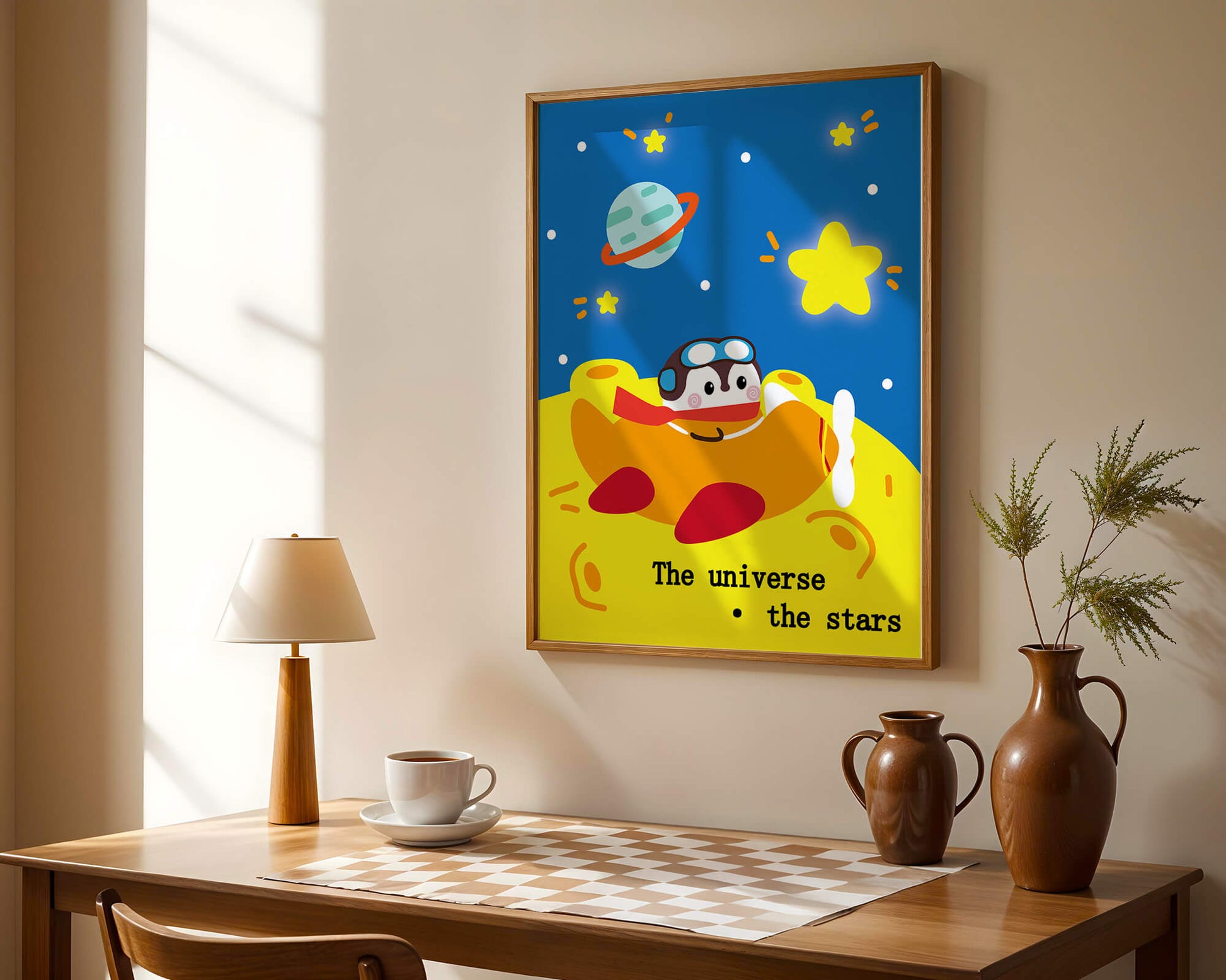 Colorful cartoon airplane with stars and planets in space