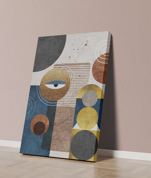 Obra de arte geométrica abstracta con elementos dorados y azules