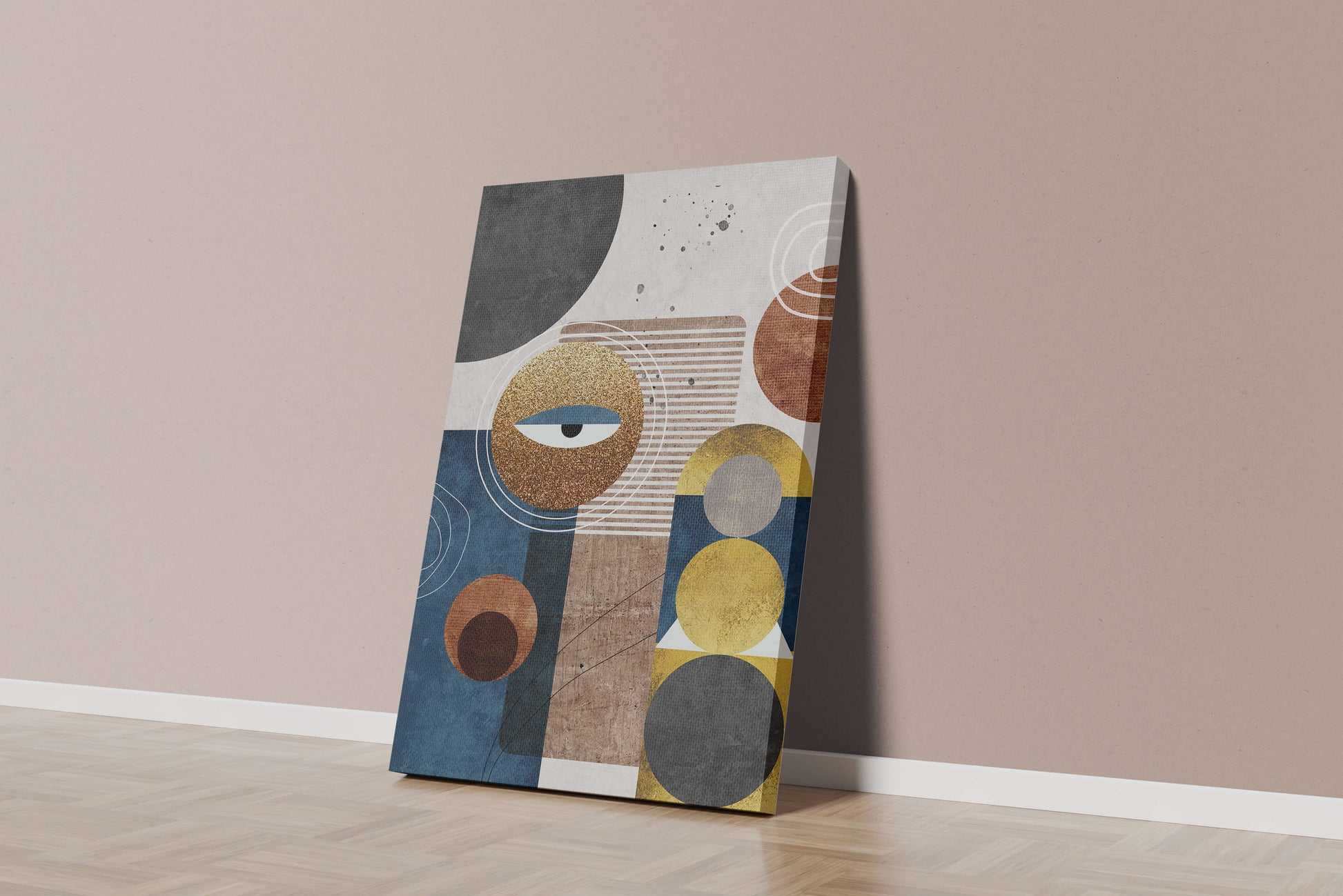 Abstract geometric artwork with gold and blue elements