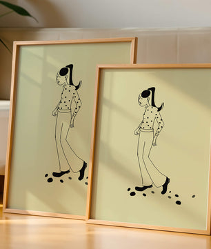 Illustration d'une personne marchant en chemise à pois avec une queue de cheval