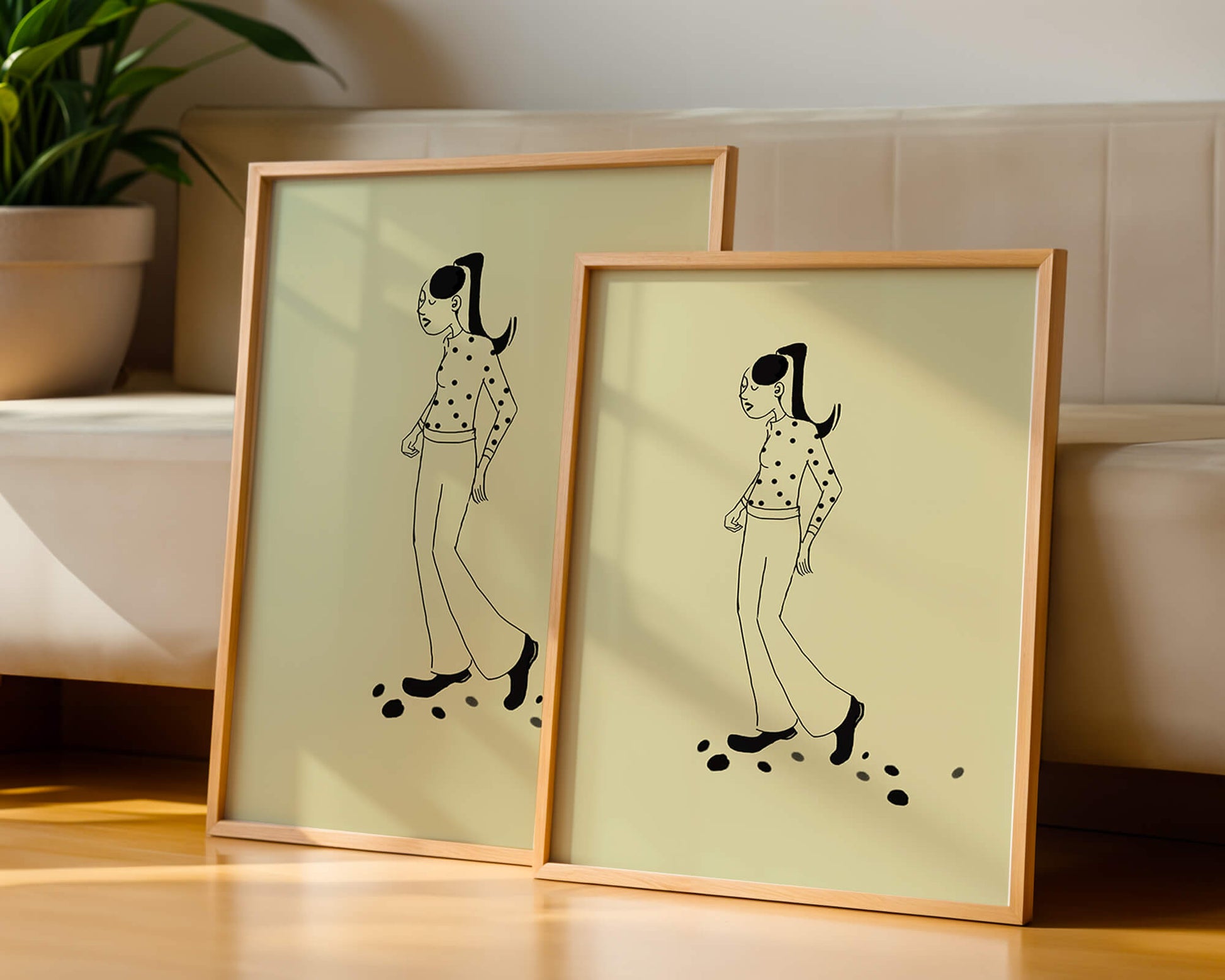 Illustration of a person walking in a polka dot shirt with ponytail