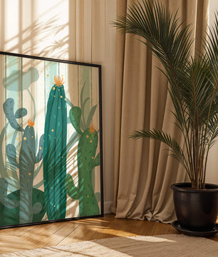Colorful Cacti with Golden Elements on a Textured Background