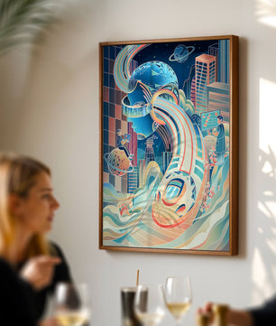 Futuristische Illustration mit VR-Thema und technologischen Elementen