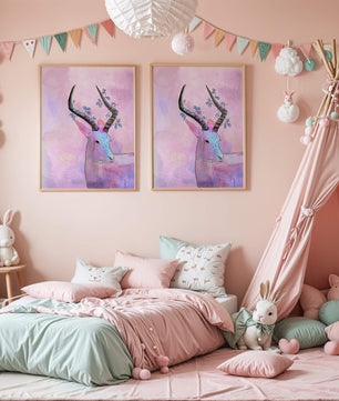 Pastel watercolor illustration of antelope with floral horns
