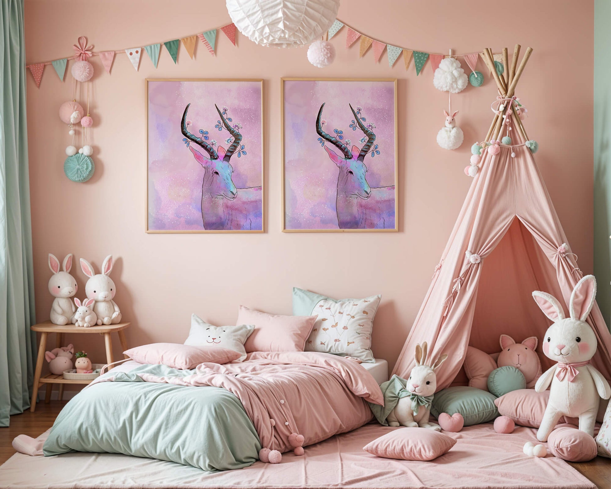 Pastel watercolor illustration of antelope with floral horns