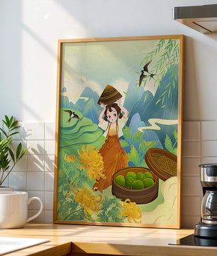 Young girl with basket in vibrant mountain landscape with birds and flowers