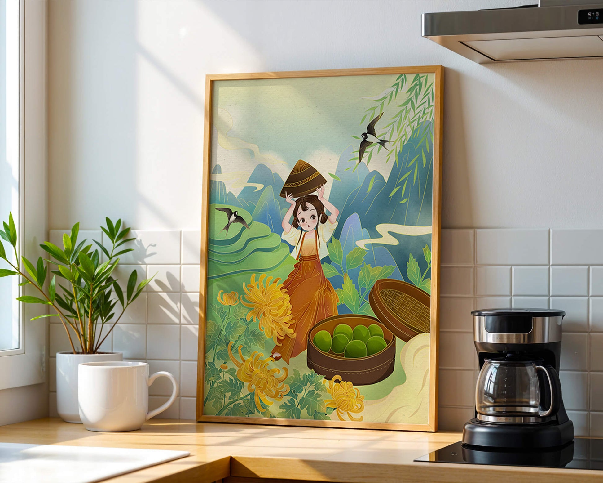 Young girl with basket in vibrant mountain landscape with birds and flowers