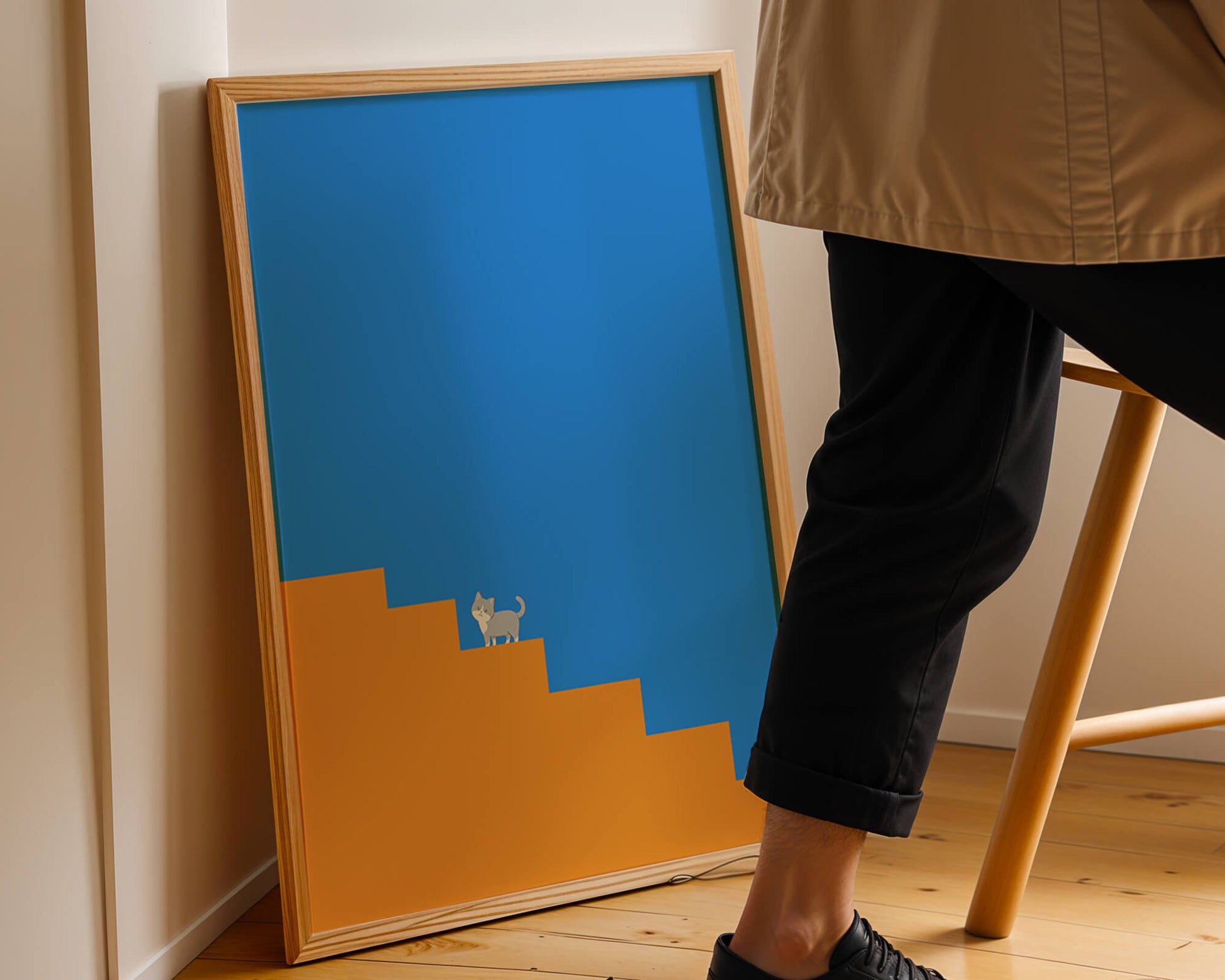 Minimalistic cat on stairs with blue background