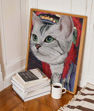 Illustrated cat portrait with colorful accents
