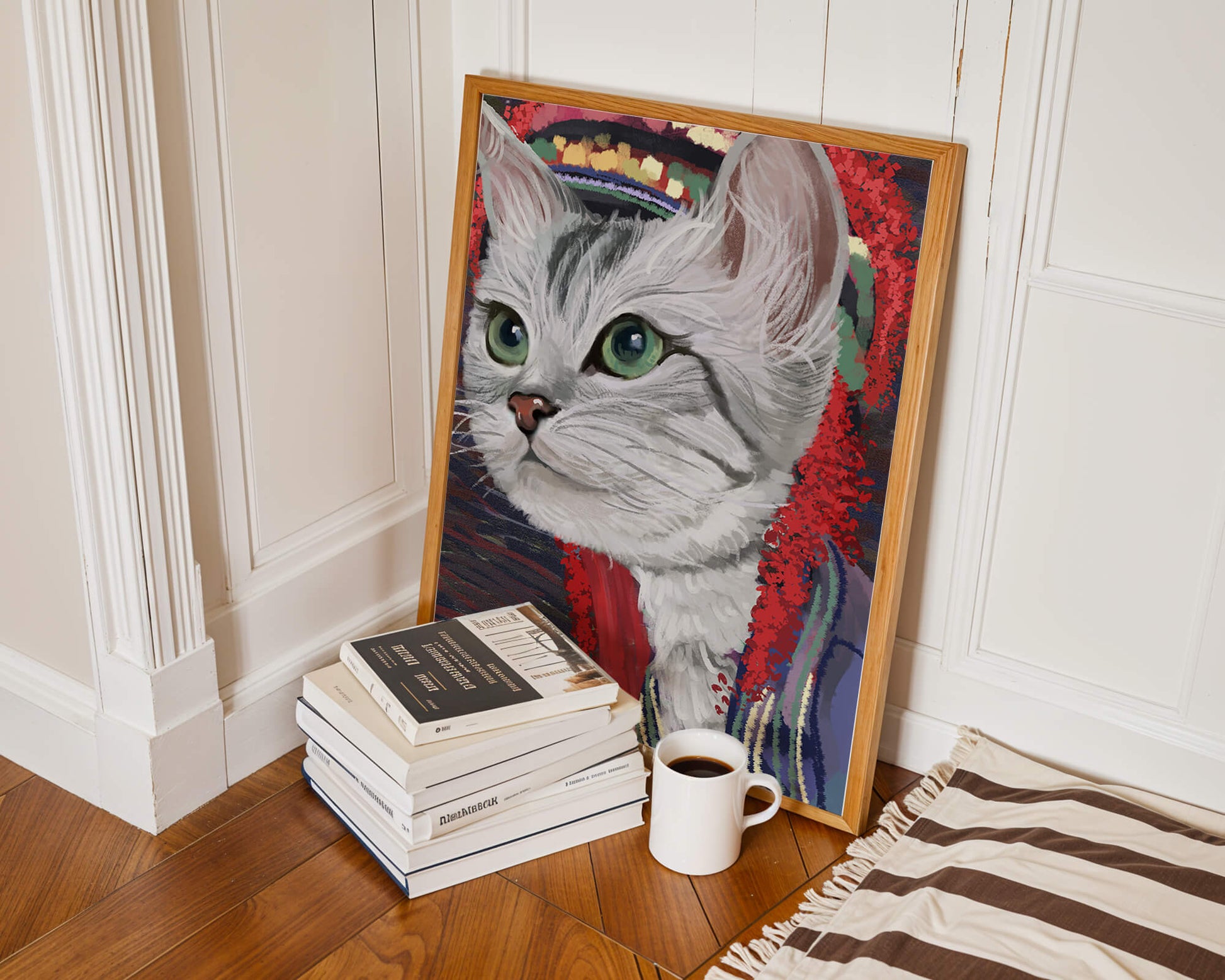 Illustrated cat portrait with colorful accents