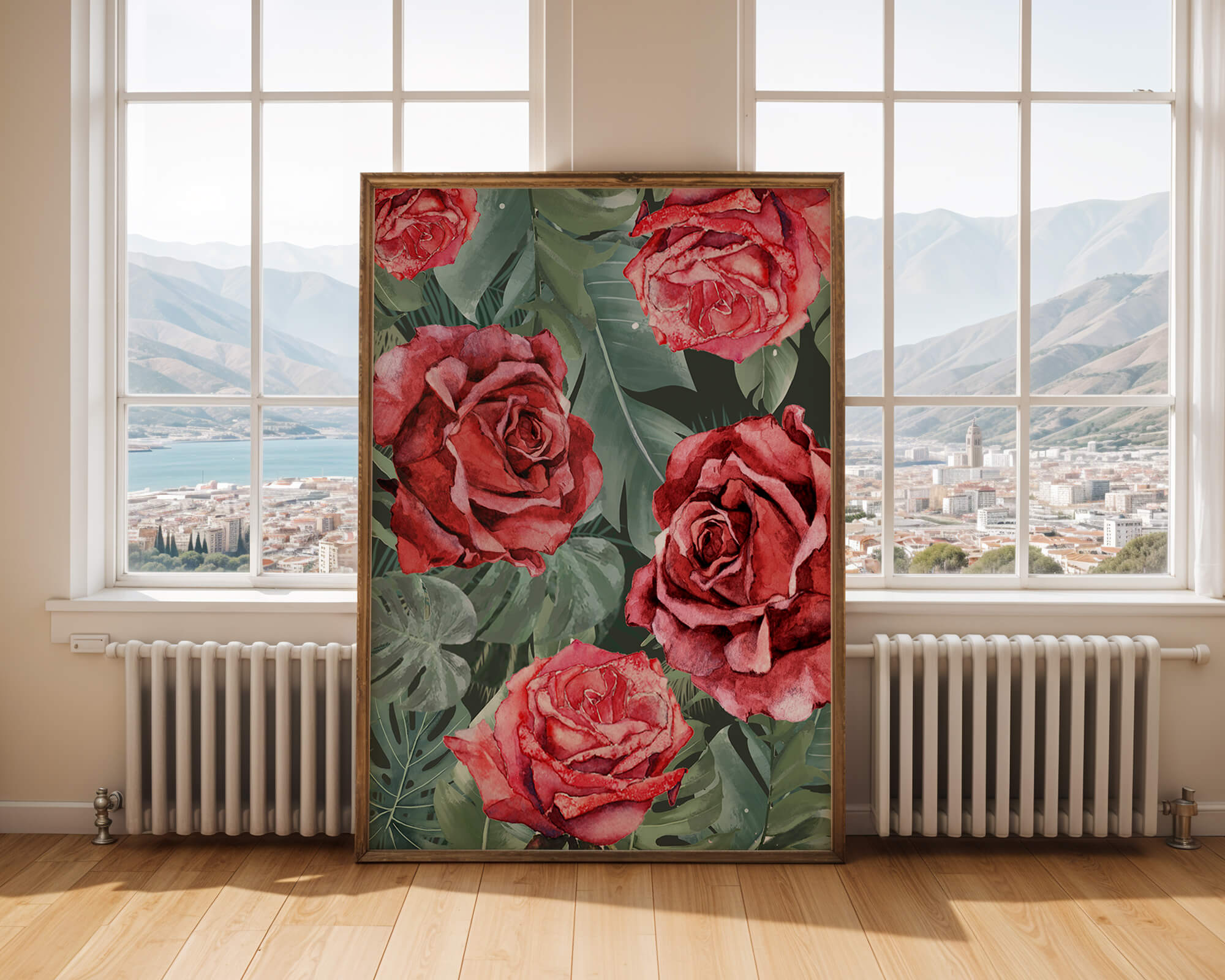 Red roses and green foliage pattern in watercolor style